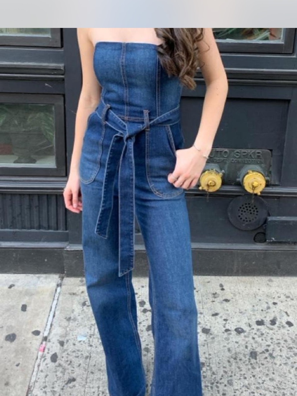 Alice + Olivia Dark Blue Strapless Denim Jumpsuit with Tie Waist